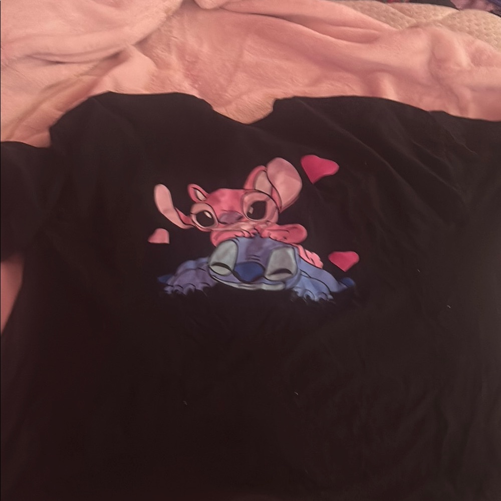 Black T-Shirt with Pink and Blue Cartoon Design